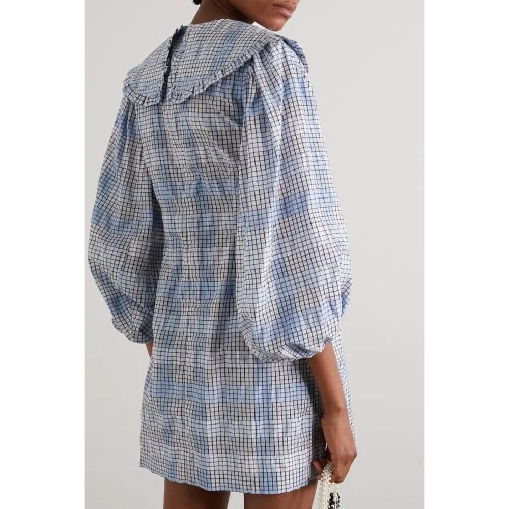 GANNI Blue Seersucker Checkered Collared Mini Dress Size EU 36 / US 4 - Picture 3 of 9